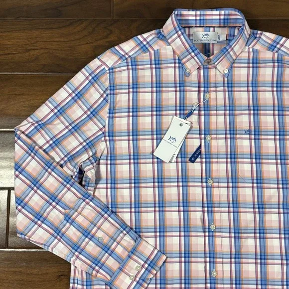 Southern Tide Men's Size Medium Parfait Pink Gaspee Plaid Sport Button Shirt - Picture 2 of 10